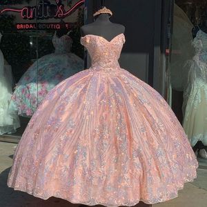 Rose Pink Quinceanera Dresses Sweet 16 Princess Off Ramię Tulle Koronki Cekiny Korowód Suknia Balowa Dla Dziewczyn Vestidos DE 15 ANOS