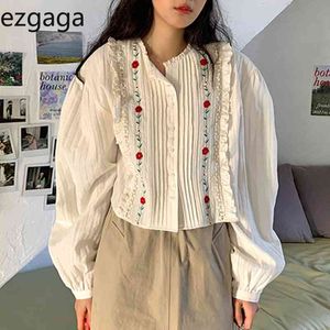 Ezgaga coreano chique doce mulheres blusa concurso bordado floral Ruched patchwork solto slow manga camisas femininas moda blusas 210430