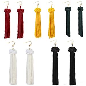 Handgjorda Tassel Örhängen Mode Svart Gul Röd Lång Tassel Dangles Örhängen Broncos Silk Fransed Smycken för Kvinnor