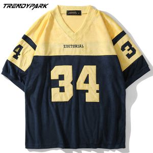 Męskie koszulki Harajuku V-Neck Wentylatory Baseball Numery Patchwork Bawełniane Koszulki Streetwear Krótki Rękaw Tees Lato Luźne Topy 210601