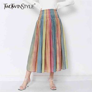 Saia colorida listrada elegante para mulheres cintura alta ruched saias casuais feminino moda roupas primavera 210521