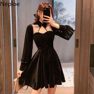 Neploe Women Elegant Dress Korean Hollow Out Patchwork Gauze Sexy Vestidos Sequined Robe Vintage Fashion Black Party Dresses 210422