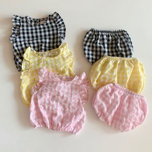 Completi di abbigliamento per neonati Completi estivi per bambine scozzesi a pois in puro cotone e lino Completi per bambine 210429