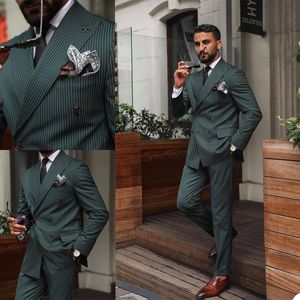 Dark Green Stripe Męskie Tuxedos Double Breasted Groom Nosić spodnie ślubne garnitury Business Prom Party Blazer Jacket (kurtka + spodnie)