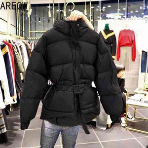 Women Autumn Winter Jacket With Belt Cotton Parkas Hooded Slim Short White Red Pink Black 210923