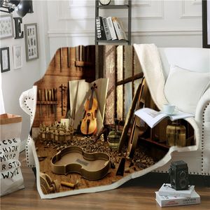Ny 3D-musik piano violin tryckt plysch filt mode quilts dekoration sängkläder casual fleece kasta filtar för vuxen soffa