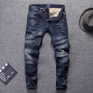 Итальянский стиль моды мужские джинсы ретро темно-синий эластичный хлопок тонкий подходящий разорванный уличная одежда Урожай дизайнер джинсовые штаны UY7G