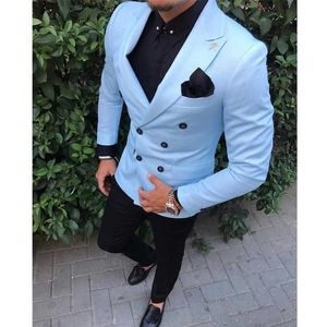 Light Blue Double Breasted Men Suits 2 Pieces Slim Fit Wedding Tuxedos for Prom Male Fashion Blazer with Black Pants 2021 X0909