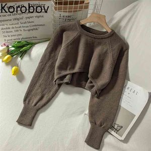 Korobov Neue Adrette Streetwear Crop Knit Pullover Koreanische Langarm O Neck Solide Pullover Vintage Jumper Femme 210430
