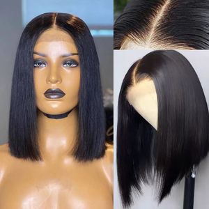 Bob Wig Human Hair Closure 13x4 Koronki Przód Peruki 150 Krótki Brazylijski Prosty Czołowy Remy Diva1