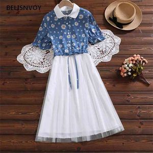 Prairie Letnie Kobiety Mini Dress Floral Printing Hollow Out Female Elbise Slim Retro Słodka Daisy Drukuj Drukuj Druk 210520