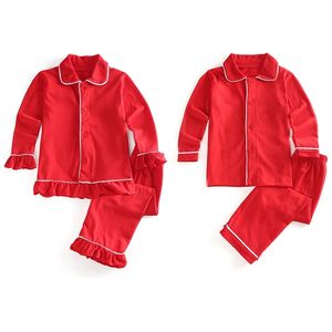 100 % Baumwolle, 2-teilig, geknöpft, Schlafanzug für Mädchen und Jungen, Pyjama für Geschwister, Kinder, einfarbig, rotes Weihnachtspyjama-Set 211130