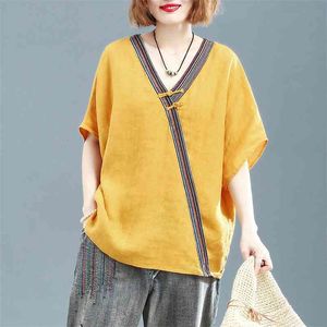 Summer Women Tshirt Plus Size Loose Batwing Sleeve V-neck Tee Shirt Femme Cotton Linen Button Vintage T Lady Tops D89 210512