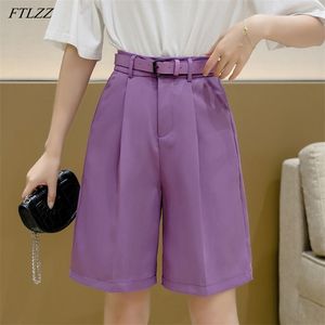 Spring Summer Women High Waist Straight Solid Shorts Casual Female Wide Leg Ins Ladies Loose with Belt 210430