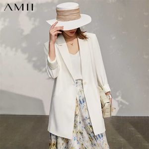 AMII Minimalizm Bahar kadın Ceket Offical Lady Katı Yaka Tek Düğme Gevşek Kadın Coat Nedensel Blazer Kadınlar 12130197 211122