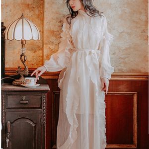 Komelsexy kobiety wiosna / jesień elegancki długi rękaw biały plisowany ruffle maxi długi strój wysokiej klasy startowy start vestidos 210515