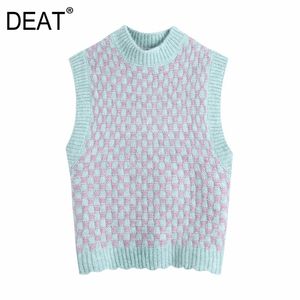 [DEAT] Donna Loose Fit Vintage Senza maniche Girocollo Lattice Pullover Maglia Gilet Maglione Autunno Primavera 13C383 210527