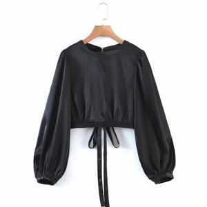 Spring Women Backless Short Shirt Black Satin Smock Female Lantern Sleeve Blouse Casual Lady Loose Crop Tops Blusas S8653 210430