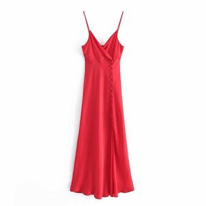 Letnie kobiety Maxi Dress V-Neck Elegancka dama przytulna kobieta Sling Slits Sexy Red Satin Dress 210709