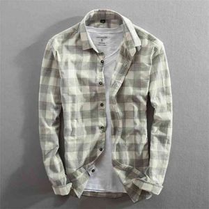 Wiosna i jesień Vintage Chiny Styl Classic Plaid Bawełna Z Długim Rękawem Niebieska Koszula Mężczyzna Casual Slim Fit Import Ubrania 210809