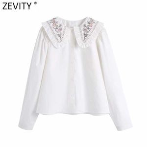 Zevity Women Sweet Peter Pan Collar Embroidery White Smock Blouse Office Ladies Ruffles Casual Shirt Chic Blusas Tops LS7413 210603
