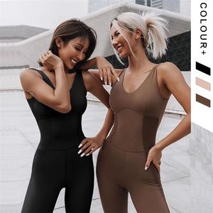 V-neck Yoga Sets Women Sleeveless Gym Clothing Sports Suit with Padded Back Strap Cross Dance Rompers Fitness Jumpsuit 210802