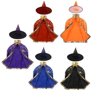 Dzieci Halloween Kostium Wizard Czarownica Cloak Cape z Siated Hat Zestaw Anime Cosplay Party Stars Wzór Dziewczyny Chłopców Outfit Q0910