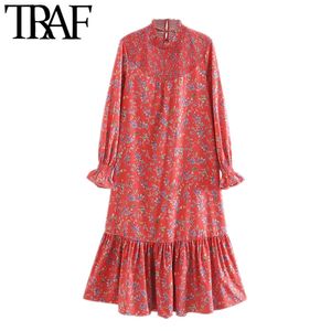 Women Chic Fashion Floral Print Ruffled Midi Dress Vintage High Collar Long Sleeve Female Dresses Vestidos Mujer 210507