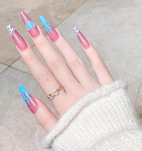 Wholesale types nail designs for sale - Group buy False Nails box Blue Flame Fake Patch Sweet Style Glue Type Super Long Paragraph Manicure Press On Nail With Designs