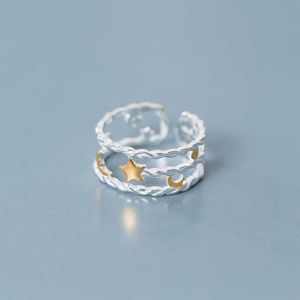 925 Sterling prata ouro cor estrela moon anel empilhável para as mulheres moda dupla círculo fino presente de jóias 210707