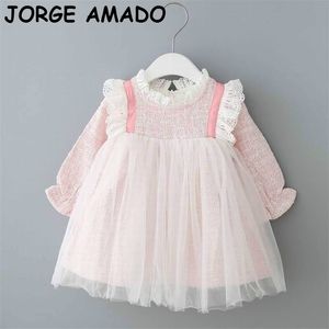 Autumn Girl Dress Pink Plaid Lace Collar Long Sleeve Princess Kids Clothes 0-5T E93026 210610