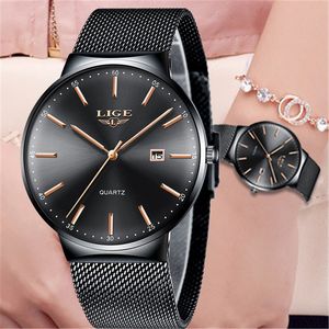 LIGE Marka Ladies Black Quartz Clock Prezent Zegarek Ze Stali Nierdzewnej Dorywczo Kobieta Sport Watch Dla Kobiet Relogio Feminino Reloj Muje 210517