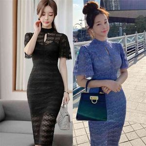 Black Lace Dress for women summer ruffle Sleeve Stand Hollow Out Ladies Sexy Office Korea Party Dresses 210602