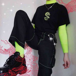 Chiński styl Harajuku Vintage Green Dragon Women T-shirt Krótki rękaw Tees Tumblr Odzież Wegańska Bawełna Gothic Punk Koszula 210518