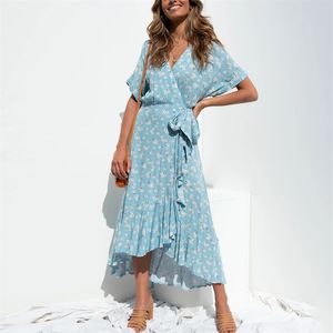 Mavi Çiçek Baskı Yaz Wrap Elbise Robe Kadınlar Rufflled Boho Maxi Uzun Vintage Plaj Kısa Kollu Sundress 210427