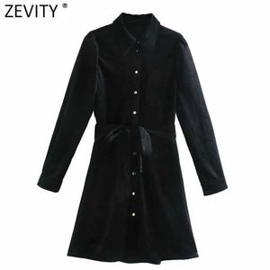 Zevity WomenビンテージシングルブレストブームサッシベルベットミニドレスFemme長袖カジュアルビジネスヴィンテージヴェスティドシャツドレスDS4821 210603