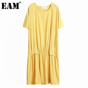 [EAM] Kobiety żółty Szyfonowy Długi Plisowany Duży Rozmiar Dress Round Neck Pół Rękaw Loose Fit Fashion Spring Lato 1dd8658 21512