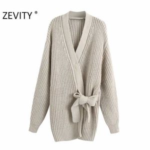 Zevity WomenファッションクロスVネック弓縛らカーディガンニットセーターレディー長袖キモノカジュアルセーターシックトップスS400 210603