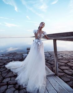 Abito da sposa a fiore romantico aperto boho abito da sposa sexy a treno da treno lungo abiti da sposa 3d appliques floreali a manica abiti da sposa da sposa a vento arma a v sul collo de mariee