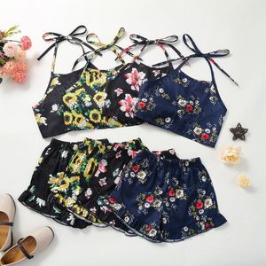 子供の服セット女の子シフォンフラワープリント衣装子供ホルタースリングひまわり花柄トップス+フリルショートパンツ2個/セット夏のファッションブティックベビー服