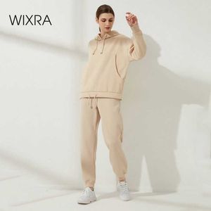 Wixra Womens Solid Casual Sats Fickor Hoodies Elastic Waist Drawstring Pants Winter Fleece Basic Sweatshirts Passar Höst Y0625