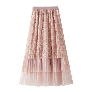 Lace mesh Skirts Womens Faldas Mujer Moda Fashion Mesh Tutu Maxi Pleated Long Midi Saias Jupe Women's Skirt 210524