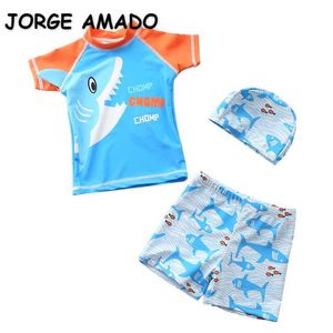 Summer Kids Boys Swimwear 3-Pcs Sets Cartoon Shark Top + Swimming Trunks+ Bathing Cap Swimsuit Children Outfits E1054 210610