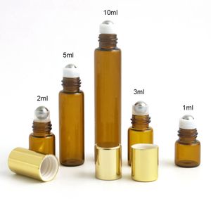 300pcs Partihandel Amber Glass Essential Oil Roller Flaskor med rostfria stålbollar Parfymer Lip Balms Rull på flaskor