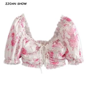 Cross Lacing up Floral Print Crop Top Women Wood Ears Ruffle Tank Tops Summer Sweet Girls Streetwear Puff Cuff Tees 210429