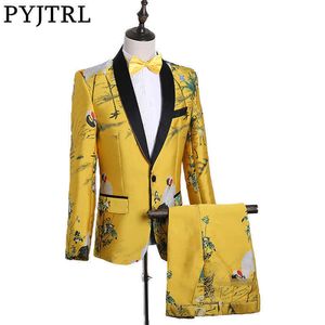 PYJTRL Mens Fashion Chinese Style Yellow Embroidery Dress Suit Nightclub Singer Prom Grus Japonensis Tuxedo Clothes 2018 X0909