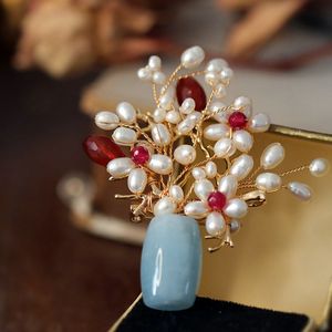 Cena fabryczna Elegancki kreatywny handmade naturalny perłowy kamienny wazon projekt vintage garnitur broszki moda kostium biżuteria