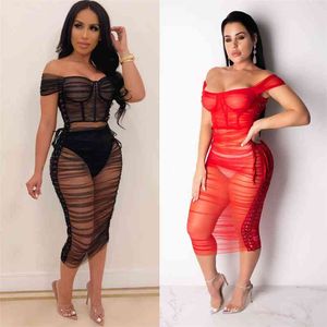 Ruched Sheer Sexy Party Dresses Women Side Lace Up Mesh Midi Split Off Shoulder Short Sleeve Bodycon Night Club Wear Robe 210517