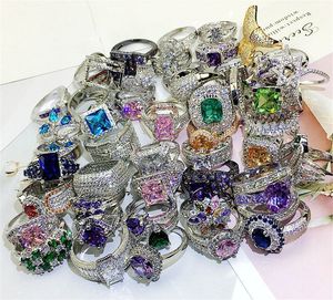 Anéis banhados a prata 925 Super Flash Gemstone Micro-Incrusted Zircon Men Women Ring Color Zircônio Moda Exagerado Lote Misto