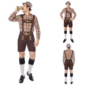 Germany Oktoberfest Beer Man Lederhosen Costume Halloween Bavarian Carnival Party Cosplay Suspenders Shorts Shirt Hat Set X0909